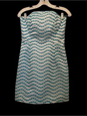 Lilly Pulitzer Strapless White and Teal Wave-Print Sheath Dress